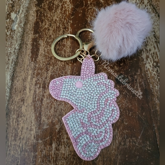 Rhinestone Unicorn Pom Pom Keychain Bag Charm - Picture 7 of 11